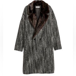 H&M Faux Fur Collar Tweed Wool Blend Long Coat Sz 6